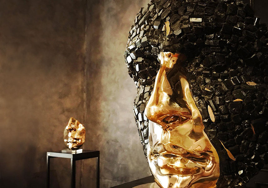 Giuseppe D'Angelo scultore, scultura viso,&nbsp; opera in tormalina e bronzo, mostra Genova